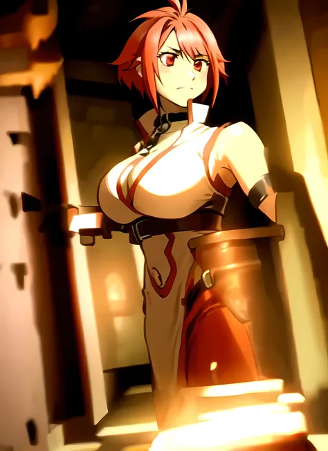 1girl, [vesta_harem], BREAK (dual_wielding:1.2) AND (huge_sword:1.2) AND holding_sword, [red eyes], [red_hair : red hair : 38], [[[large breasts]] : BREAK (large breasts) : 38], white_dress, sleeveless, cleavage, navel, [[[short_dress]]], side_slit, red_tr...