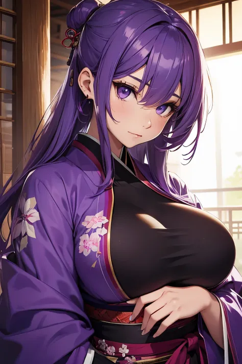 Beautiful girl, beautiful face, bobbed hair, purple hair, Japanese clothes, big breasts,