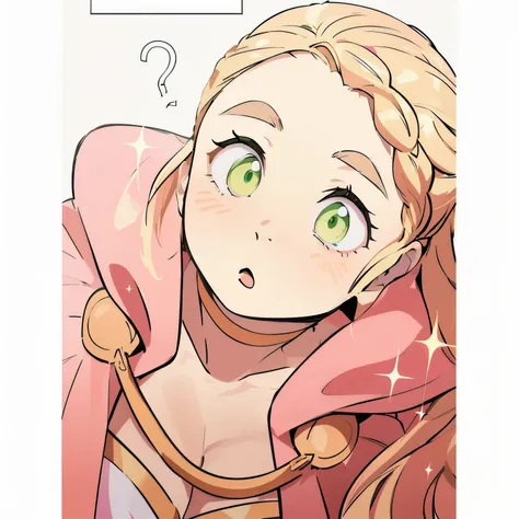 anime girl with green eyes and pink dress with a question mark, blonde - haired princess, colored lineart, edelgard fire emblem, princess, coloured lineart, colored manga panel, lucio as a woman, color manga panel, coloured line art, she has a distant expr...