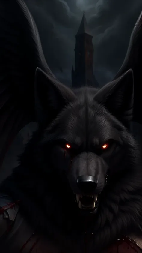 dark lord bloodthirsty black wolf male fursuit looking at viewer seriously angry expression black angel wings open super sharp canine teeth medieval background blood horror art