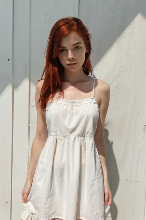 girl with red hair and white skin with freckles wearing a sundress