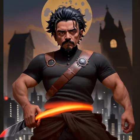 1 20-year-old Honduran man, cuerpo guapo, cold face, PELO NEGRO, ojos morados, entrenado, Traje negro, vista de la ciudad oscura, solo, muchas poses geniales, Holding a beautiful small sword, he sent Japan to help Deku. (buku no hero)