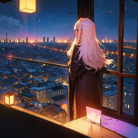 Prompt: an anime girl watching the night view from her window and she has long hairs. The night view is very lovely 