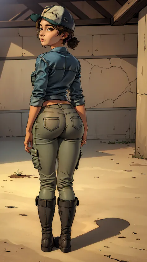 ((masterpiece, best quality)),(complex lighting) ,solo,(((1girl))) ,clementine, light skin,light-skinned female, baseball cap, green cargo pants, brown eyes, tight pants, combat boots, shirt, short hair, one short ponytail, open denim jacket, huge butt, th...