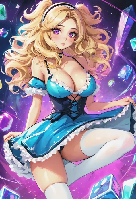 a beautiful 20 year old blonde woman with big messy hair in a blue dress, white stockings, black headband, cleavage, fantasy art style, rossdraws cartoon vibrant, alice x. zhang, alice in wonderland cyberpunk, cute detailed digital art, colorfull digital f...