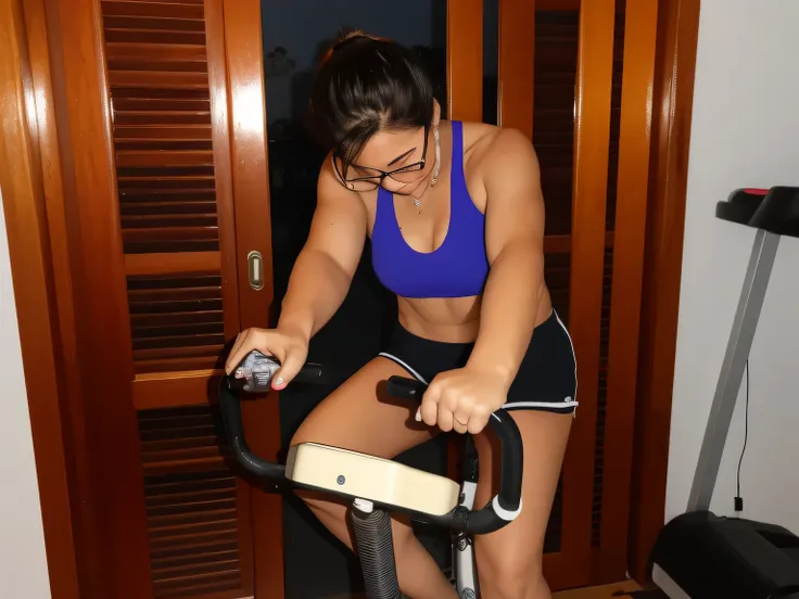 A woman is exercising on an exercise bike, wearing glasses and a blue sports bra. She has her hair tied up in a ponytail and is focused on the task at hand. The room has a window with wooden shutters, giving a touch of coziness to the space, fitness woman....