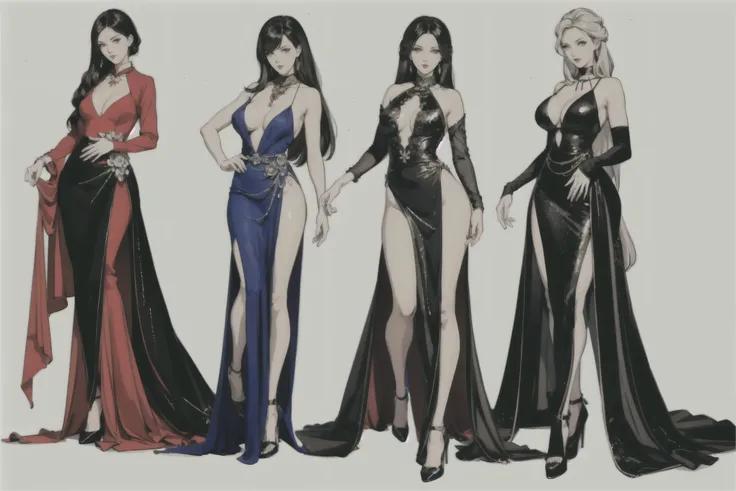 a group of women in long dresses standing next to each other, style is a blend of æon flux, style mix of æon flux, wearing fantasy formal clothing, sexy style, glamorous tifa lockheart, astral witch clothes, full body xianxia, full body wuxia, tifa, charac...