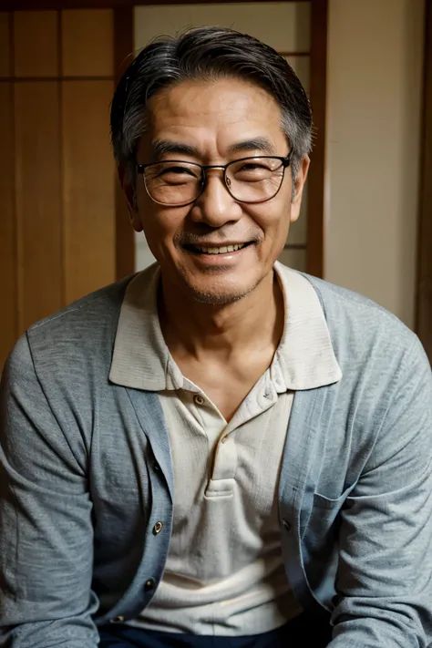 japanese man, elderly men, old man, very wise, mid age, nice clothes, with glasses on, smiling