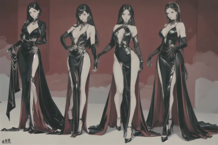 ((best quality,4k,highres,masterpiece:1.2)),((character concept art)), a group of women in long dresses standing next to each other, style is a blend of æon flux, style mix of æon flux, wearing fantasy formal clothing, sexy style, glamorous tifa lockheart,...