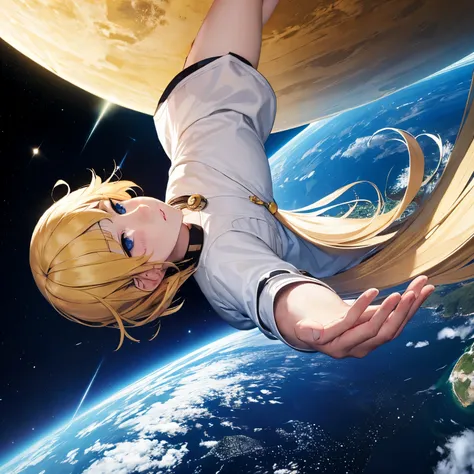 Outer space, a young  with blonde hair holds the earth in his palms