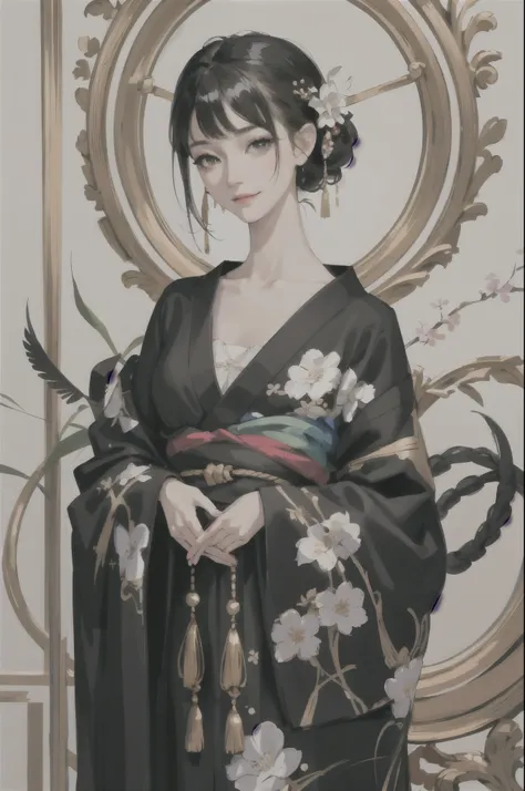 masterpiece,highest quality,disorganized,original,very delicate and beautiful,Beautifully detailed eyes and face,1 girl, black hair, kimono, looking at the viewer, alone, (shiny skin),(masterpiece:1.4),(highest quality:1.4),realistic,robber girl,mature wom...