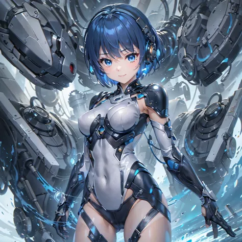 (masterpiece、highest quality、highest resolution、clear_image、detailed details、Angle from above): (full body figure、One 20 year old girl、Japanese faces、small face、Slender、Navy blue super short bob cut hair、(hidden small breasts:1.3)、sparkling blue eyes、Shiny...