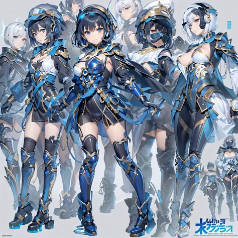 (masterpiece、highest quality、highest resolution、clear_image、detailed details、Angle from above): (full body figure、One 20 year old girl、Japanese faces、small face、Slender、Navy blue super short bob cut hair、(hidden small breasts:1.3)、sparkling blue eyes、Shiny...