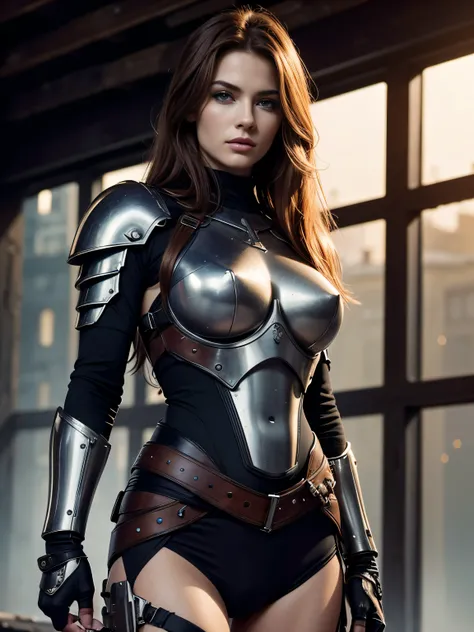 Create an image depicting one ultra hot gorgeous european woman, age 23, light auburn hair, shes a playmate, a men magazine model, in ARMOR, holding weapons, as a futuristic warrior in a dystopian world. Juxtapose the beauty with a harsh, survivalist envir...