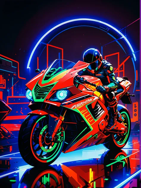 brightly lit motorcycle rider in neon neons on a dark background, cyberpunk art style, sitting on cyberpunk motorbike, kilian eng vibrant colors, in style of digital illustration, kilian eng vibrant colours, neon cyberpunk, neon digital art, masterpiece ep...