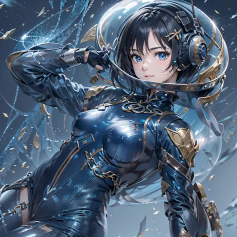 (masterpiece、highest quality、highest resolution、clear_image、detailed details、Angle from above): (full body figure、One 20 year old girl、Japanese faces、small face、Slender、Navy blue super short bob cut hair、(hidden small breasts:1.3)、sparkling blue eyes、Shiny...