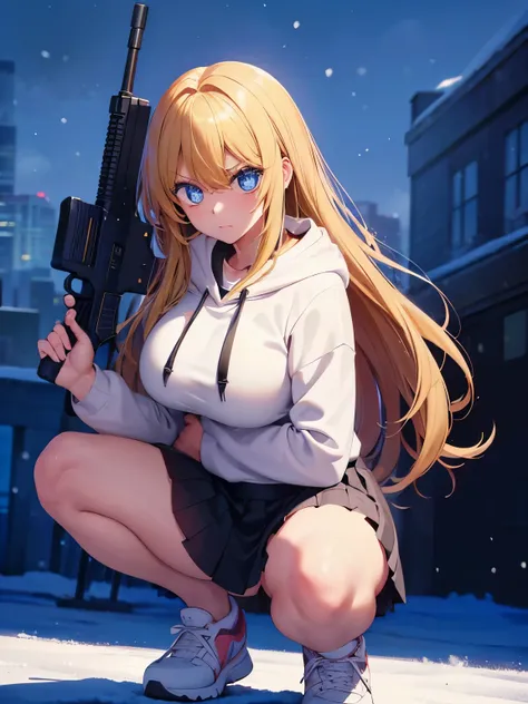 1woman,super beautiful,morning,squat,Holding a gun,angry expression,cute,morning,snow backgrounds,half body photo,Beautiful eyes, very detailed face,cute,long hoodie,white hoodie, tennis skirt,HD face, perfect face,black mini skirt,black mini skirt,Very bi...