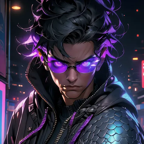 Young Male, Assassin, Hood, White Coat, White Shirt, Cyberpunk, Handsome, Dark Skin, ((Scales)), Scales on Face, Black Hair, ((Shorthair)), Purple Eyes, Ray Band Shades, Menacing, Slim, 3D, Cinematic Lights, Vibrant Colors, Realistic, Tokyo City, Very Deta...