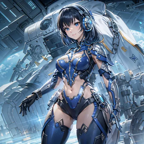 (masterpiece、highest quality、highest resolution、clear_image、detailed details、Angle from above): (full body figure、One 20 year old girl、Japanese faces、small face、Slender、Navy blue super short bob cut hair、(hidden small breasts:1.3)、sparkling blue eyes、Shiny...