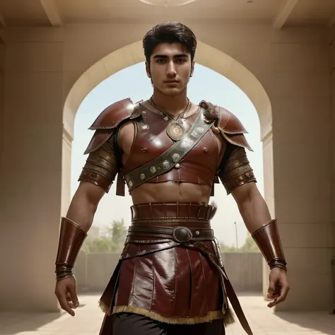 Generate a young warrior image. He is tall, handsome, 27 year old, his face is the combinations of Actor Ibrahim Ali Khan, Sara Ali Khan, and Actress Diana-esque. 