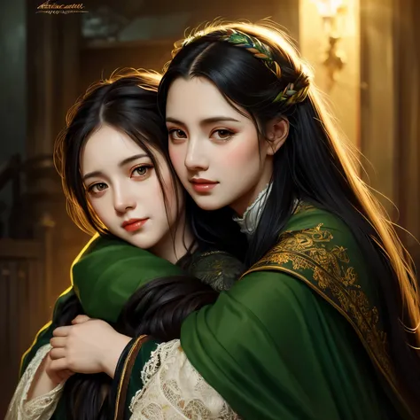 black eyes [Hug,Long black hair,Historical clothing,Detailed facial features,Green eyes,Embracing,Dark atmosphere,Warm lighting,Traditional art style] (best quality,highres,ultra-detailed),vivid colors,soft and warm color tones