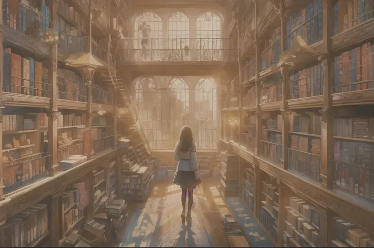 (a girl with beautiful detailed eyes, enchanting vibes, in a giant library filled with shelves of books),(books flying in the air, creating a magical atmosphere),(points of light shining through the windows, adding a touch of mystery and wonder),(best qual...