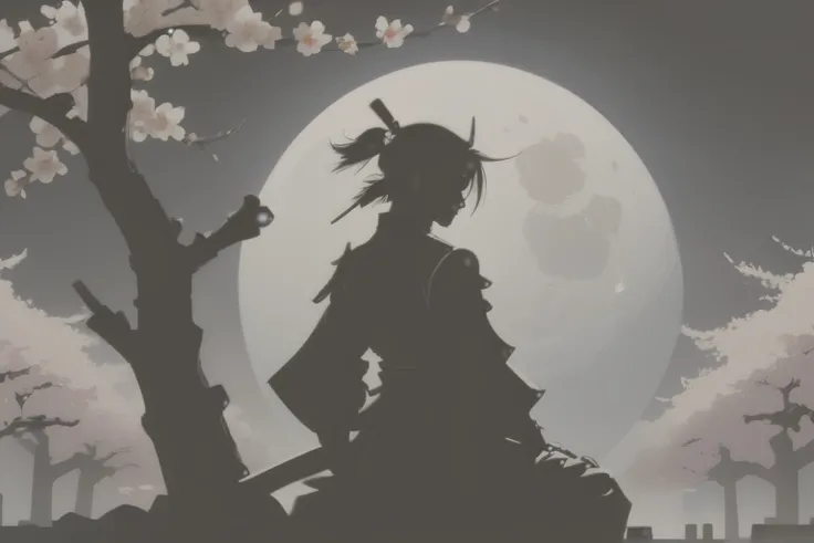 mate piece, samurai, logo, monotony, moon, cherry blossoms, cherry blossoms吹雪, silhouette, masterpiece,