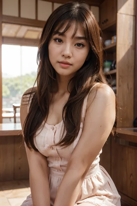 Beautiful asian woman, gorgeous face, clean skin, brown eyes, beautiful eyes, brown hair, fringe hair, thin brows, long hair, full lips, pink lips, upturned nose, thin nose, cute cheekbones, eyeliner, natural makeup, korean makeup, fit figure, small girl, ...