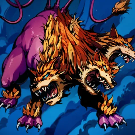 A monster(European medieval monsters，monster)，dog，三个头的dog，Cerberus，Roaring fiercely，A monster surrounded by flames，Give the enemy the punishment of hellfire。Medium shot composition，full body pictures，Characters and scenes，game concept art style，Anime illus...