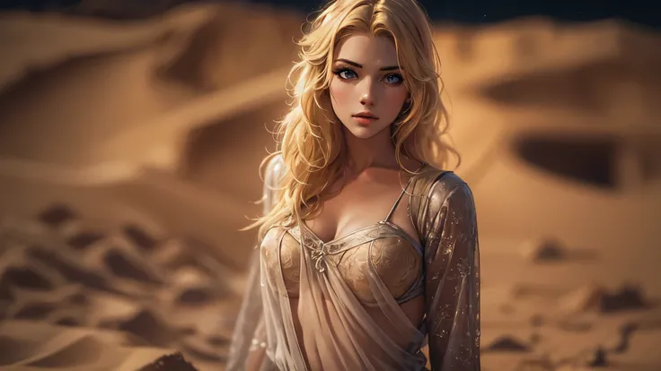 one extremely beautiful sixteen years Sweden blonde teen, perfection, perfect face, wavy blond hair, toned, fit, hottest, very sexy, in a sand arena, dynamic lighting, night time, medieval fantasy, cinematic shot