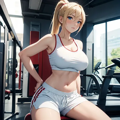 (masterpiece), anime, Best quality, good anatomy, 1 girl, Big breasts, realistic face, gloomy face, blonde hair, one eye, Blue eyes, hair in a ponytail , Red hairpin, White shorts, blue top, navel, Without sleeves, White running shoes, hidden breasts, hidd...