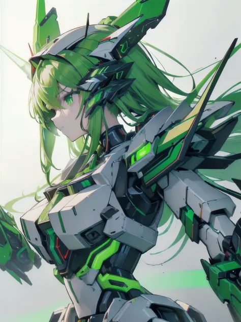 [(WHITE BACKGROUND:1.5),::5] masterpiece, absurdres, best quality, best aesthetic, upperbody, 1girl, solo, Green hair, long hair, Green eyes, science fiction, (mecha musume:1.5), mechanical parts, headgear, mechanical wings, ((mechanical dragon Armor)), Ev...