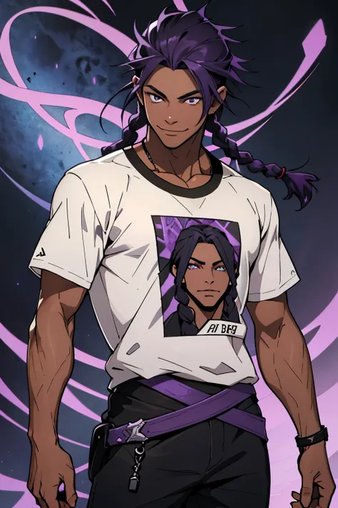 jovem negro, black and purple hair with two braids, olhos purpura, camiseta branca, black pants, sorriso arrogante, hunters eyes, acalmar, pose de luta, negro, lindo