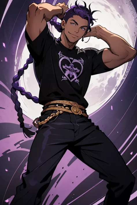 jovem negro, black and purple hair with two braids, olhos purpura, camiseta branca, black pants, sorriso arrogante, hunters eyes, acalmar, pose de luta, negro, lindo