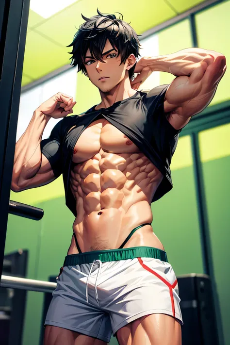 4K, anime guys nacked upper T-shirt, black hair green eyes, muscular chest, arms, legs, 6 pack abs, in gym, 