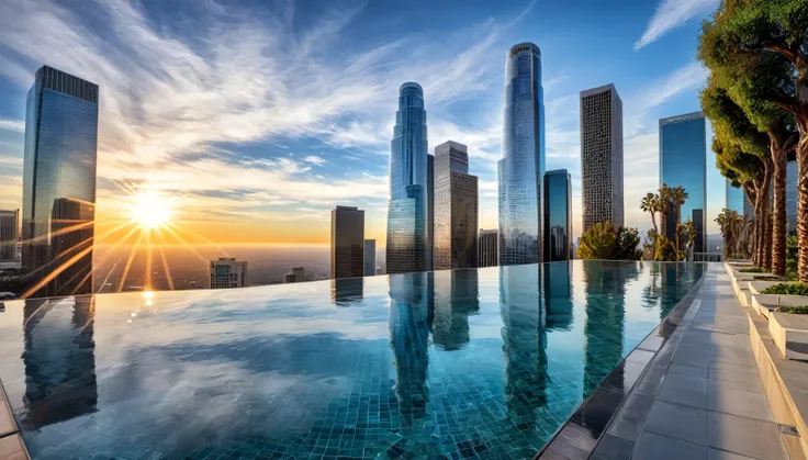 epic city view, breathtaking view, glass skyscrapers, sun reflection in buildings, marvels of engineering, wide angle lens, ultra detailed photo, scenic professional photography, view of Los Angeles, California, HDR, UHD, 64k, high quality, high definition...