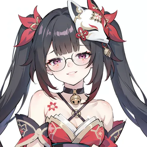 1girl, a girl standing with her finger on her own mouth, sparkle (honkai: star rail), small breasts, twintails, hair ornament, solo, off shoulder kimono, mask on head, detached sleeves, choker, obi, (glasses), (glove), wristband, criss-cross halter, thigh ...