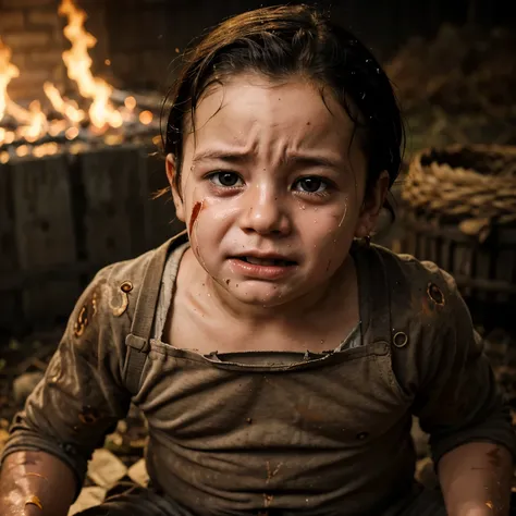 baby farmer with an expression of absolute pain and eternal suffering on his painful face, crying, crying, covered in flames, his body burned, almost charred, suffering a lot in pain