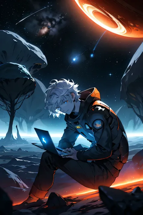 Draw a young programmer, sittings on Earth, in the outer space. He is studying with a laptop, surrounded by several asteroids glowing with fiery auras. Dramatic lighting from distant stars and planets illuminates the scene, casting deep shadows on the suit...