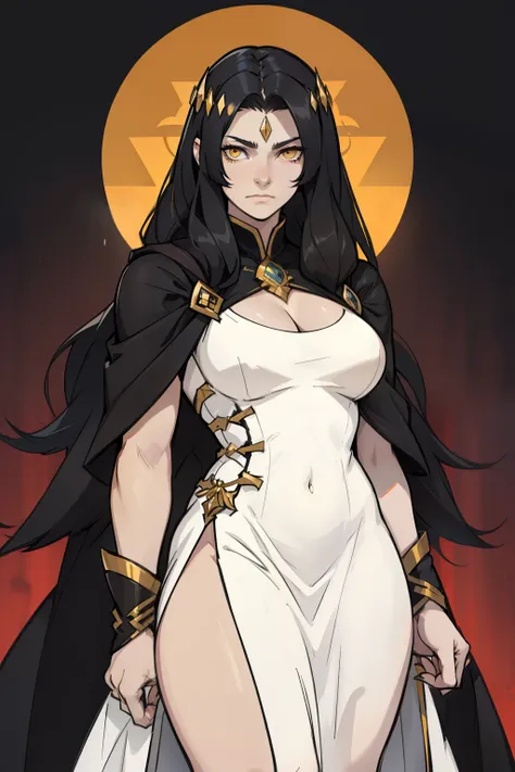 ((very long hair)) black hair yellow eyes pale skin solo 1girl muscular girl breasts sad dress night regal solo