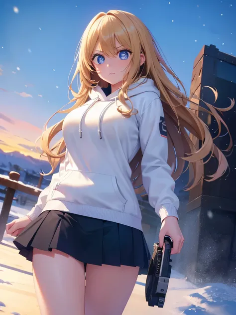 1woman,super beautiful,morning,walking,Holding a gun,Camera angle from below,angry expression,cute,morning,snow backgrounds,half body photo,Beautiful eyes, very detailed face,cute,long hoodie,white hoodie, tennis skirt,HD face, perfect face,black mini skir...