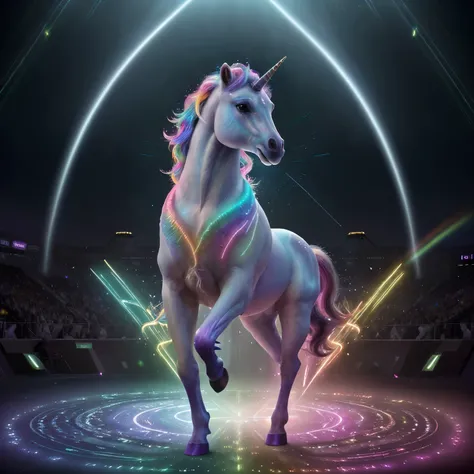 (best quality, highres), colorful, vibrant, detailed unicorn, glowing, magical, mystical, illuminated, surrounded by neon lights, in a lively and energetic atmosphere, surrounded by enthusiastic dancing, joyful, wearing colorful outfits, creating a sense o...