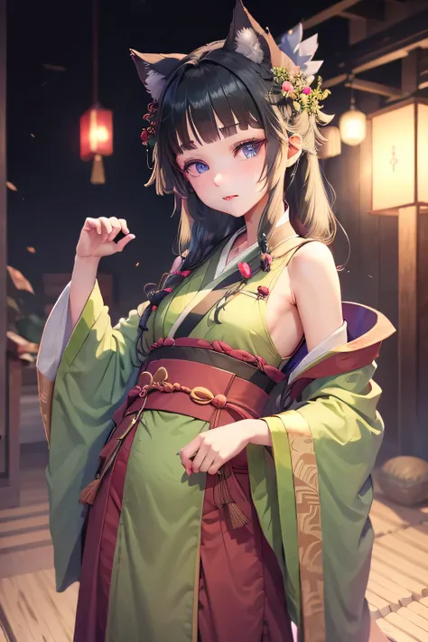 1girl :3 absurdres animal_ears beads blue_eyes blunt_bangs cat_ears chinese_clothes chinese_commentary claw_pose commentary fangs green_hair green_hanfu green_robe hair_beads hair_ornament hair_over_shoulder hand_up hanfu highres karan_koron100 kemonomimi_...