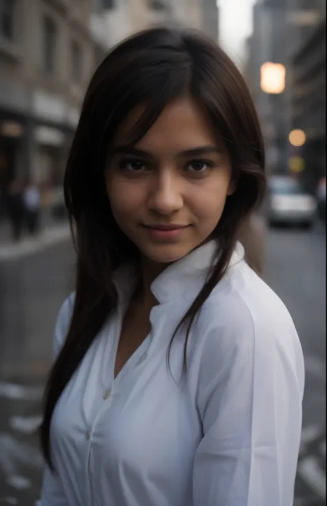 here is a woman in a oversized white shirt with buttons,white shirt,smiling,shy,happy,grey jeans,full sleeve,fully covered,outsi...