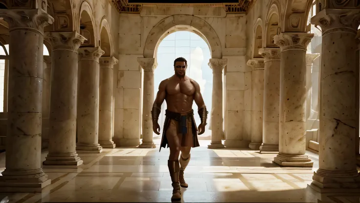 a man in a roman costume standing in a room with columns, concept art by Jonas De Ro, Artstation contest winner, renaissance, roman emperor, henry cavill as a greek god, biblical epic movie, in screenshot from the 300 movie, maximus jacobs, portrait of dem...