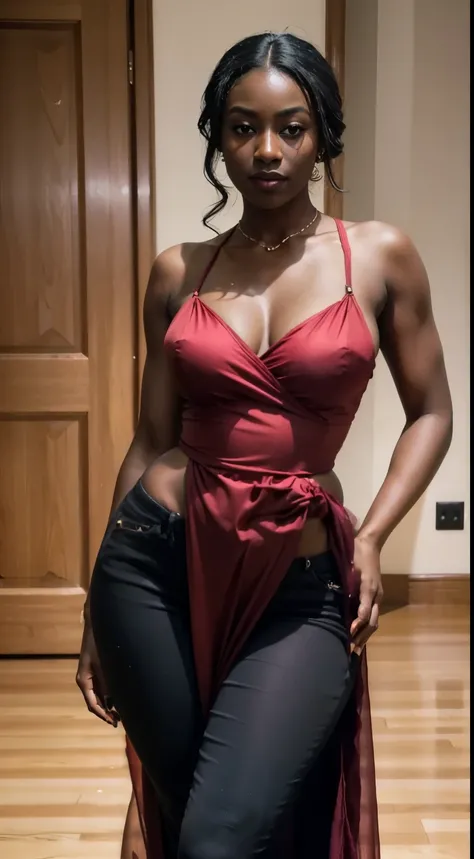 25 years old, gorgeous cute Cameroonian girl, smirk, freckles, (dark skin:1.6), a full image of a woman in black jeans posing for a picture,infront of the status of liberty in USA, sexy girl, red evening gown, sexy look, nice red outfit, wearing a sexy red...