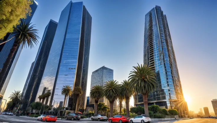 epic city view, breathtaking view, glass skyscrapers, sun reflection in buildings, marvels of engineering, wide angle lens, ultra detailed photo, scenic professional photography, view of Los Angeles, California, HDR, UHD, 64k, high quality, high definition...