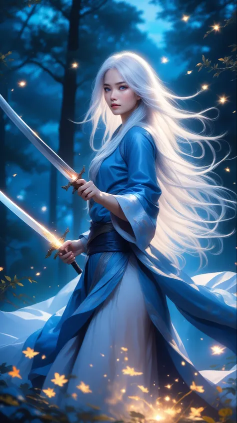 (masterpiece,best quality:1.5), , asian woman with white hair, straight hair, blue clothes, holding a sword, in the style of dark azure and light azure, mixes realistic and fantastical elements, vibrant manga, uhd image, glassy translucence, vibrant illust...