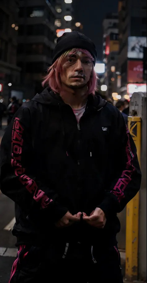 guy, pink hair, black tracksuit 