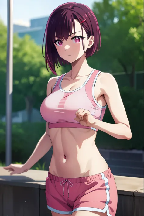 Shizuka Mikazuki, Mikazuki Shizuka, short hair, purple hair, hair accessories, hairpin, (pink eyes:1.5), Scan your bangs,
rest navel, Good at sports, sportswear, shorts, pink shorts,
rest looking at viewer,
rest outdoors,
rest (masterpiece:1.2), best quali...